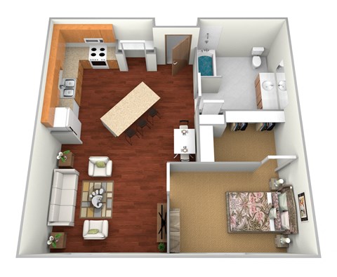 Floor plan for 1 bed, 1 bath, 693 sqft